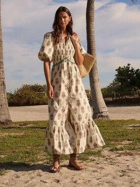 Cream Floral Puff-Sleeve Maxi Dress